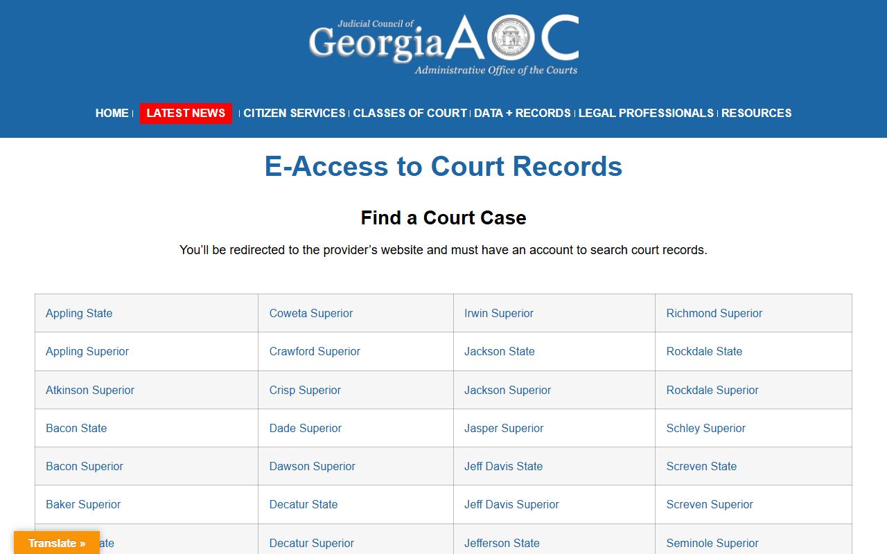 Georgia court e-access page for Berrien County court records after arrest